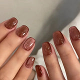 24Pcs Short Solid Color Wine Red Fake Nail Tips with Glue Glitter Square/round Head False Nails Wearable Ballet Press on Nails