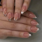 24Pcs Short Press on Nails with Almond Head Full Cover Silver Edge False Nails Nude Pink Glossy Artificial Nails for Girls Daily
