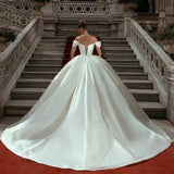 Customized Off Shoulder Arabian Dubai Satin Wedding Dresses A-line Sweeping Train Back Tie Custom Bridal Dress