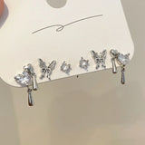 6pcs/set Women Silver Color Y2K Pink Crystal Heart Stud Earring Korean Trendy Punk Sweet Cool Bow Star Earring Aesthetic Jewelry