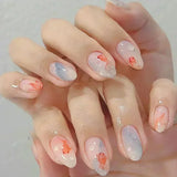 24pcs Summer Goldfish Fake Nails 3D Bubble Press on Nails Multicolored Starfish Almond False Nails Detachable Finished Nail Tips