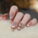 24Pcs Wearable Coffin Fake Nail Tips with Butterfly Camellia Designs Red Long Ballerina False Nails Press on Nails Art Manicure