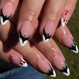 24Pcs Mid-length French Fake Nail with Silver Edge Design Round Head Almond False Nail Wearable Simple Finished Press on Nails
