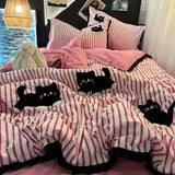 Korean Style Bedding Set Green Strip Black Cat Embroidery Washed Cotton  Duvet Cover Cute Cardboard  Bed linen Comforter Sets