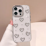 Fashion Metal Silver Love Heart Epoxy Glitter Case For iPhone 16 Pro Max 15 13 12 11 14 Plus Clear Bling Shockproof Phone Cover