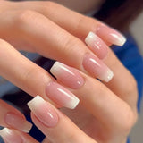 24Pcs Simple Square Head Fake Nail with Jelly Glue Pink White Gradient French Press on False Nails Short Full Cover Nail Tips