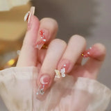24Pcs Wearable Coffin Fake Nail Tips with Butterfly Camellia Designs Red Long Ballerina False Nails Press on Nails Art Manicure