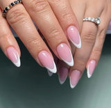 24Pcs Short Press on Nails with Almond Head Full Cover Silver Edge False Nails Nude Pink Glossy Artificial Nails for Girls Daily