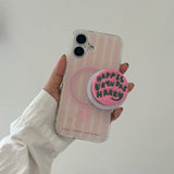 3D Cute Pink Stripes Magnetic Grip Tok Phone Case for IPhone 16 15 14 13 Pro Max Wireless Charge Magsafe Stand Holder Girl Cover
