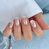 24Pcs Short Press on Nails with Almond Head Full Cover Silver Edge False Nails Nude Pink Glossy Artificial Nails for Girls Daily