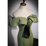 Elegant Olive Green Mermaid Floor Length Evening Party Dress with Black Pearl Tie Off Shoulder Slim Fitting Prom Gown