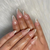 24Pcs Short Press on Nails with Almond Head Full Cover Silver Edge False Nails Nude Pink Glossy Artificial Nails for Girls Daily