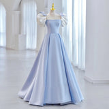 Pisoshare - Elegant A-line Blue Bow Bubble Sleeve Princess Evening Dress Satin Square Neck Slim Fit Graduation Birthday Party Dresses
