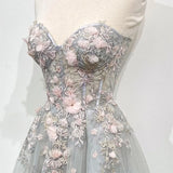 Gray Strapless Evening Gown Elegant Lace A Line Prom Dress Appliques Glitter Wedding Evening Dresses for Woman Customized