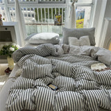 Green Stripe Style Duvet Cover with Bedsheet Pillowcase Soft Bed Linen Skin-friendly INS Seersucker Bedding Set for Boys Girls