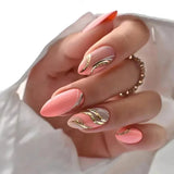 24Pcs Simple Almond Fake Nails with Green Leaves Design Elliptic Acrylic False Nails Wearable French Press on Nail Manicure Tips