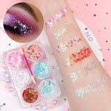 6 jars/set Eyeshadow Glitter Gel Cream Face Hair Body Nail Glitter Gel Heart Star Moon Loose Sequins Festival Makeup Decorations