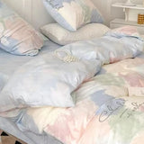 Korean Style Tie-Dye Bedding Set Flat Bed Sheet Pillowcase Twin Full Queen Size Bed Linen Women Girls Pink Duvet Cover Set