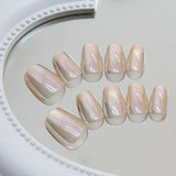 24Pcs Short False Nails Aurora Cat Eye with French Design Simple Metallic Full Cover Wearable Chrome Press on Fake Nails Tips