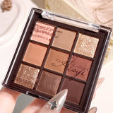 9-Color Chocolate Eyeshadow Palette with Pearl Shine, Fine Glitter, Matte Earth Tones, and Highlighting for Makeup