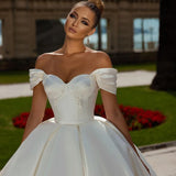 Customized Off Shoulder Arabian Dubai Satin Wedding Dresses A-line Sweeping Train Back Tie Custom Bridal Dress