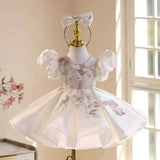 Luxury White Puffy Sleeve Beading Flower Girl Dress Knee Length Princess Kids Wedding Birthday Party Holiday Gown J543