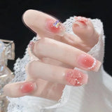 24Pcs Wearable Coffin Fake Nail Tips with Butterfly Camellia Designs Red Long Ballerina False Nails Press on Nails Art Manicure