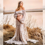 Boho Style Lace Maternity Dress Bohemian Photo Shooting Pregnancy Dress Baby Shower Ruffled Split Cut Lace Dress