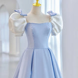 Pisoshare - Elegant A-line Blue Bow Bubble Sleeve Princess Evening Dress Satin Square Neck Slim Fit Graduation Birthday Party Dresses