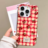 Korean Fashion Cherry Grid Pattern Case For iPhone 16 Pro Max 15 13 14 IMD Silicone Shockproof Protective Phone Back Cover