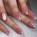 24Pcs Mid-length French Fake Nail with Silver Edge Design Round Head Almond False Nail Wearable Simple Finished Press on Nails