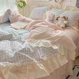 Korean Princess Style Bedding Set Soft Skin-friendly Lattice Lace Ruffles Quilt Cover Plaid Style Duvet Covers Set Pillowcases