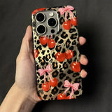 Luxury Cute Pink Bowknot Leopard Cherry Phone Case For iPhone 16 Pro Max Case iPhone 15 14 13 12 11 XS X XR 7 8 Plus Laser Cover