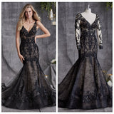 Vintage Pagan Wedding Dresses Detachable Long Sleeves V Neck Full Lace Gothic Halloween Black Mermaid Bridal Gown Robe De