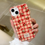 Korean Fashion Cherry Grid Pattern Case For iPhone 16 Pro Max 15 13 14 IMD Silicone Shockproof Protective Phone Back Cover