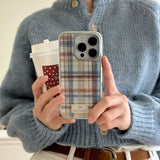 Autumn-Winter Retro Imitation Plush Line Plaid Sliver Edge Cover Case for iPhone 13 14 15 16 Pro Max Protective Phone Case