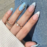 24Pcs Long 3D French Press on Fake Nails Blue Shell Design False Nails with White Pearl Wearable Almond Full Cover Nail Art Tips