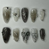 24Pcs Metallic Almond Press on Acrylic Nails Cool 3D French Wearable Nail Full Cover Glossy Artificial Nail Tips for Women Daily