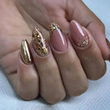 24Pcs Short Press on Nails with Almond Head Full Cover Silver Edge False Nails Nude Pink Glossy Artificial Nails for Girls Daily
