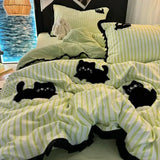 Korean Style Bedding Set Green Strip Black Cat Embroidery Washed Cotton  Duvet Cover Cute Cardboard  Bed linen Comforter Sets