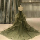 Spaghetti Strap Long Party Dress V Neck Vintage Night Dress Tulle Green Tiered A Line Celebrity Dress for Woman Customized