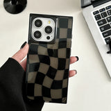 Rectangular Edge Black Twisted Chessboard Phone Case For iPhone 16 15 13 14 12 Pro Max Transparent Hard TPU Back Cover