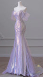 Gorgeous Purple Blue Celebrity Dresses Pearl Beading Chain Off the Shoulder Mermaid Glitter Sequins Floor Length Saudi Prom Gown