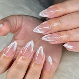 24Pcs Wearable False Nails with Glue Simple French Pink Ballerina Fake Nails Detachable Full Cover Nail Tips Press on Nails