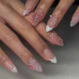 24Pcs Long 3D French Press on Fake Nails Blue Shell Design False Nails with White Pearl Wearable Almond Full Cover Nail Art Tips