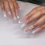 24Pcs Gold Flower False Nails Simple with Rhinestones French Design Wearable Fake Nails Full Cover Press on Nails Tips Art