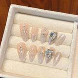 10Pcs Pink Almond Handmade Press on Nails Bow Fake Nails with Rhinestone Decoration Wearable Stick-on Nails False Nail 네일팁