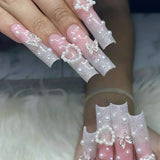 24Pcs White French False Nails Long Coffin Flower Butterfly with Rhinestones French Design Wearable Fake Nails Press on Nails