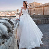 Elegant Wedding Dresses Illusion Long Sleeve White Ivory Applique Lace Lady V-Neck Bridal Gowns Princess Sexy Backless Robe