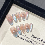 10Pcs Aurora Handmade False Nails with Jelly Glue Long Almond Fake Nail Art Shell Design Press on Nails Full Cover Manicure Tips